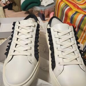 NEW Tory Sport Ruffle Sneaker in White / Tory Navy (Calf Leather)